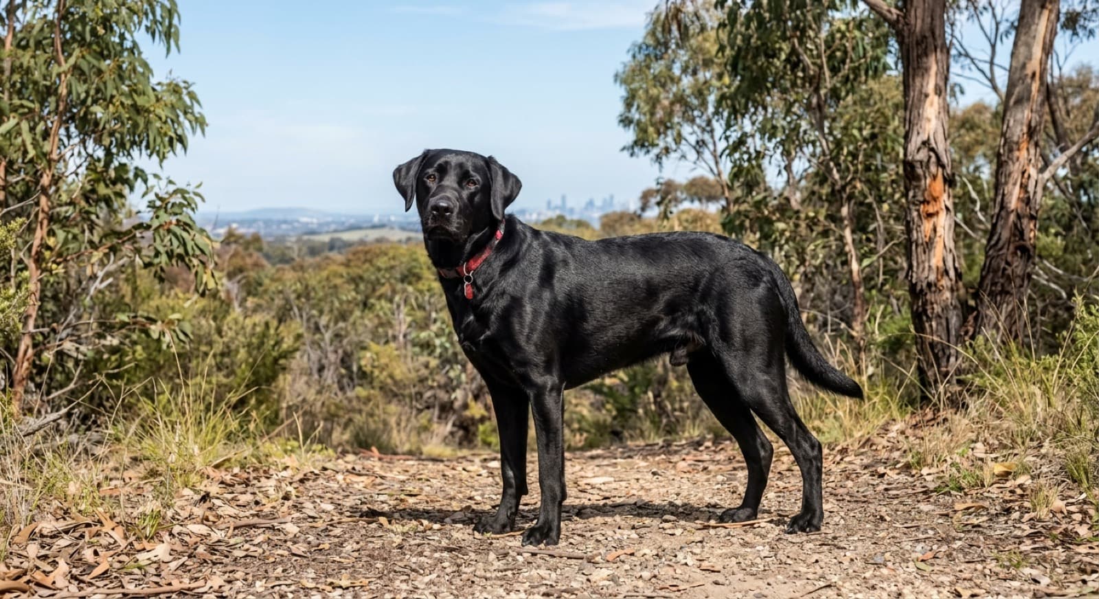 A healthy adult Labrador standing on a Melbourne parkland trail, illustrating the breed health issues rescue adopters should plan for