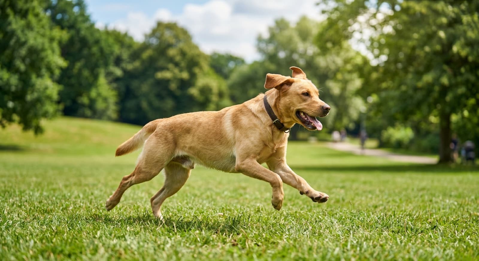 A lean, athletic Labrador running on grass in a Gold Coast park, representing a dog kept at a healthy weight through diet and exercise