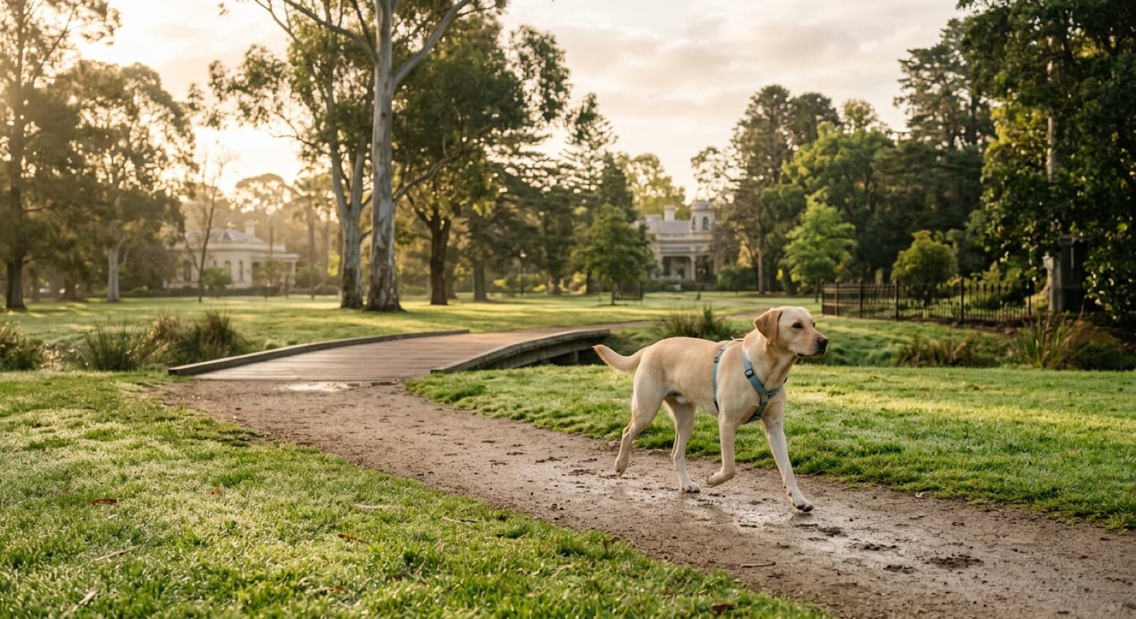 A lean, healthy Labrador on a grassy Melbourne park trail, illustrating weight management for the food-motivated breed