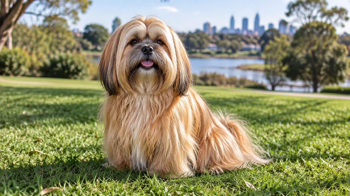 A small golden long-coated Lhasa Apso sitting on the grass in a Melbourne park, representing the rescue Lhasa Apsos available for adoption across Victoria