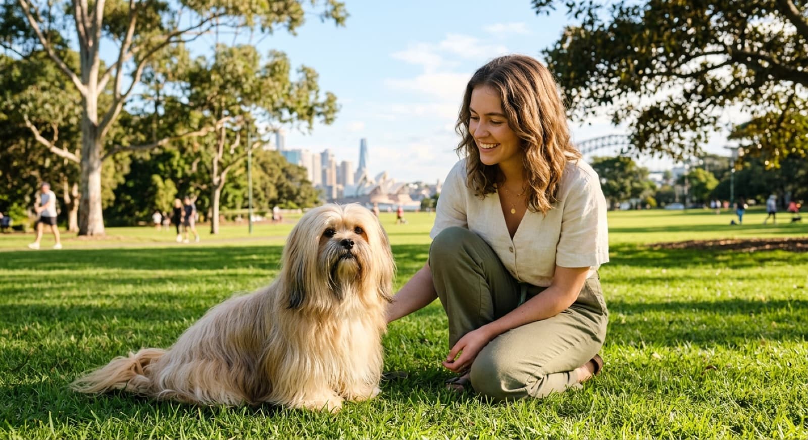 An alert Lhasa Apso with a long flowing coat sitting on grass in a sunny Sydney park, representing the dignified Tibetan companion dogs and Lhasa crosses available for adoption across Sydney and NSW rescues
