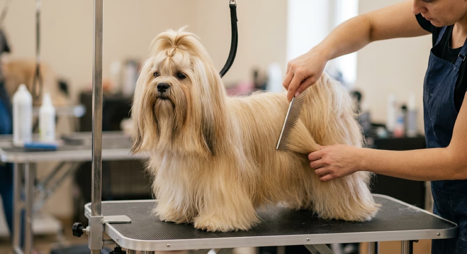 A Lhasa Apso with a neat coat and clean, tidy face and eyes sitting on a Sydney park lawn, illustrating a well-maintained puppy cut