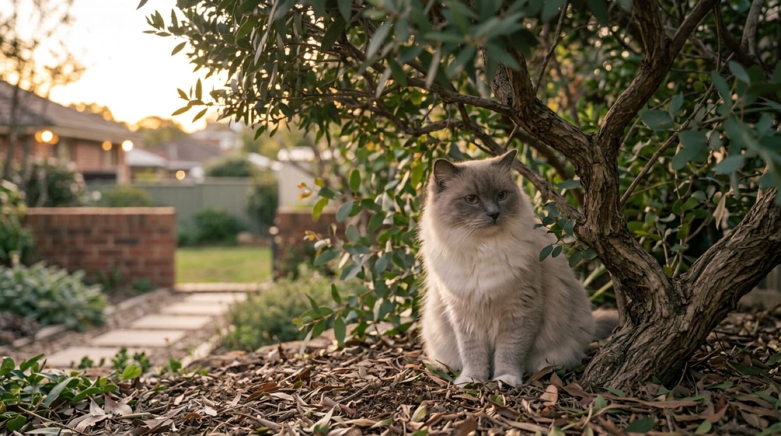A cat crouched and hiding under a timber deck in a Sydney backyard at dusk, showing how lost cats tend to stay silent and close to home