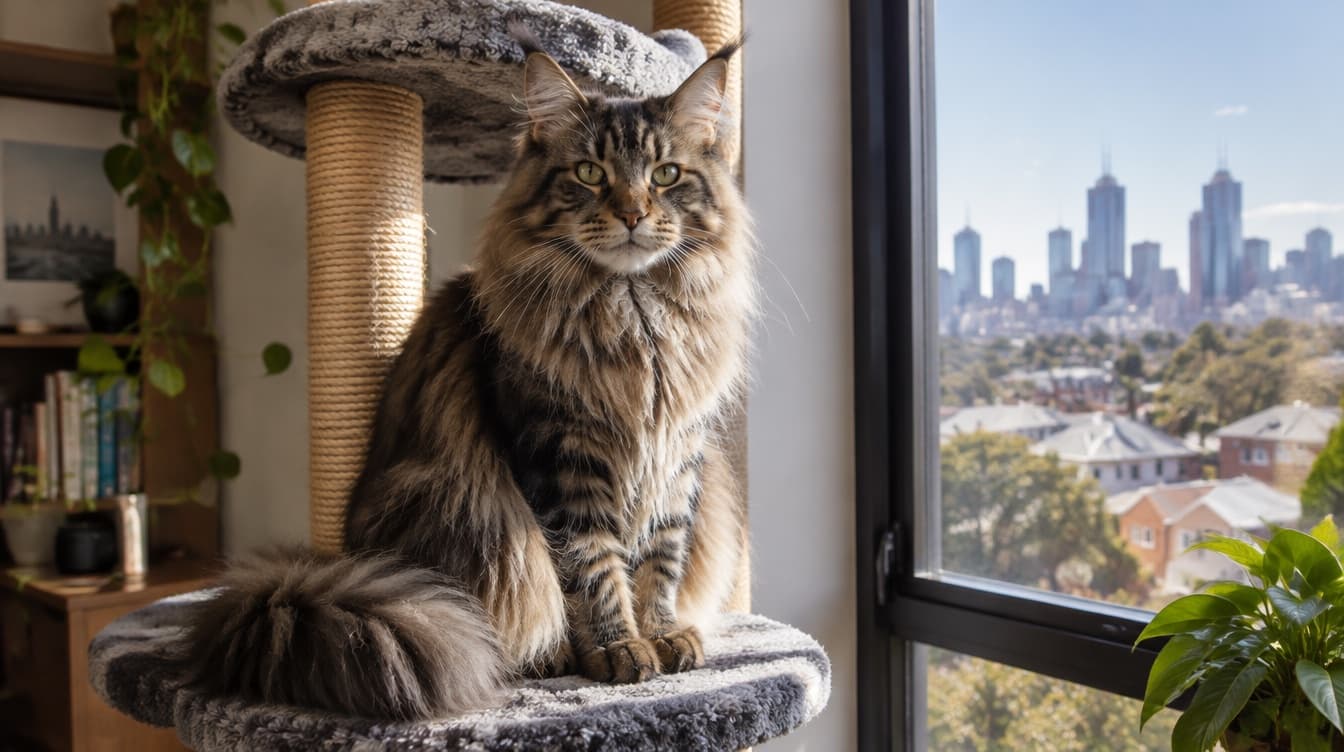 A large long-haired Maine Coon cat indoors in an Adelaide home, representing the Maine-Coon-type and large long-haired cats that occasionally come up for adoption through South Australian rescues