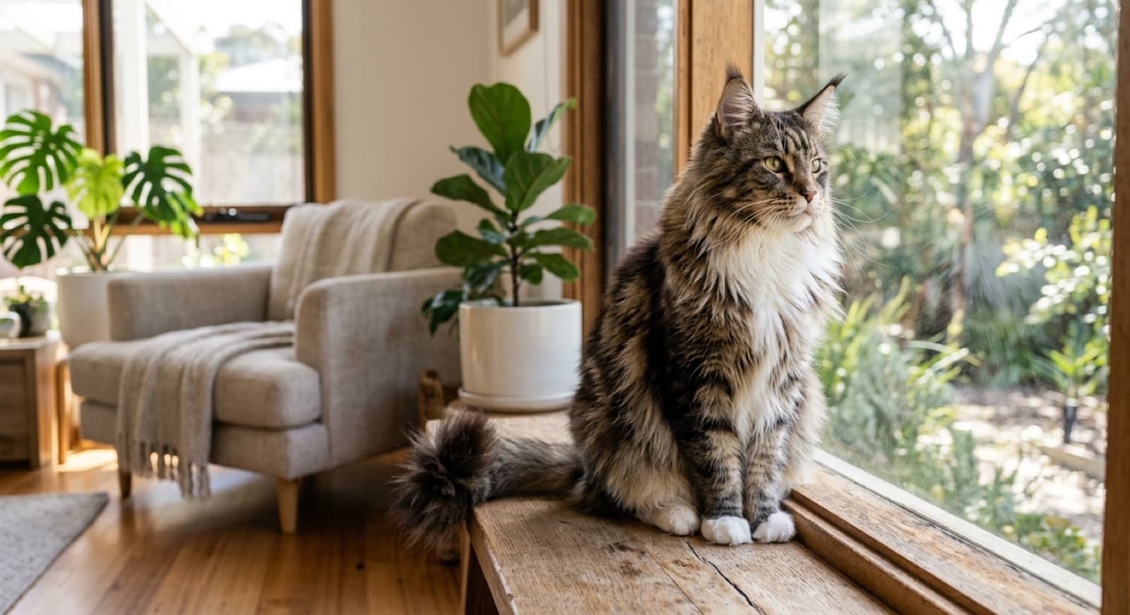 A large, shaggy-coated Maine Coon cat with tufted ears sitting by a window in a Gold Coast home, representing the Maine Coons and Maine Coon crosses that occasionally come up for adoption in Queensland rescues