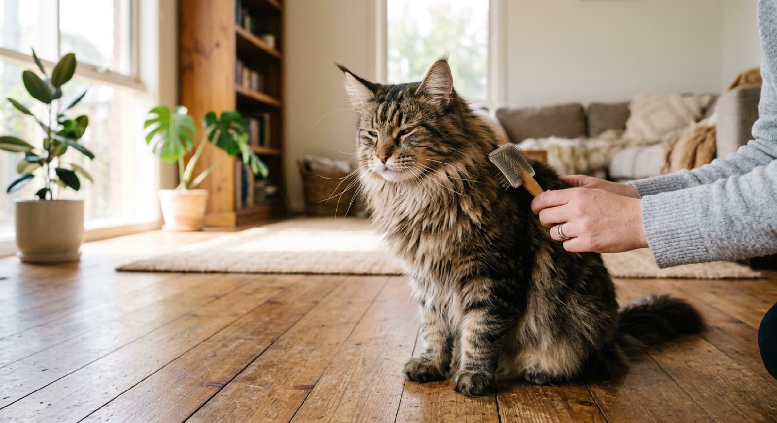 A long-haired Maine Coon cat being gently brushed, illustrating the grooming routine that keeps the double coat free of mats for Brisbane owners
