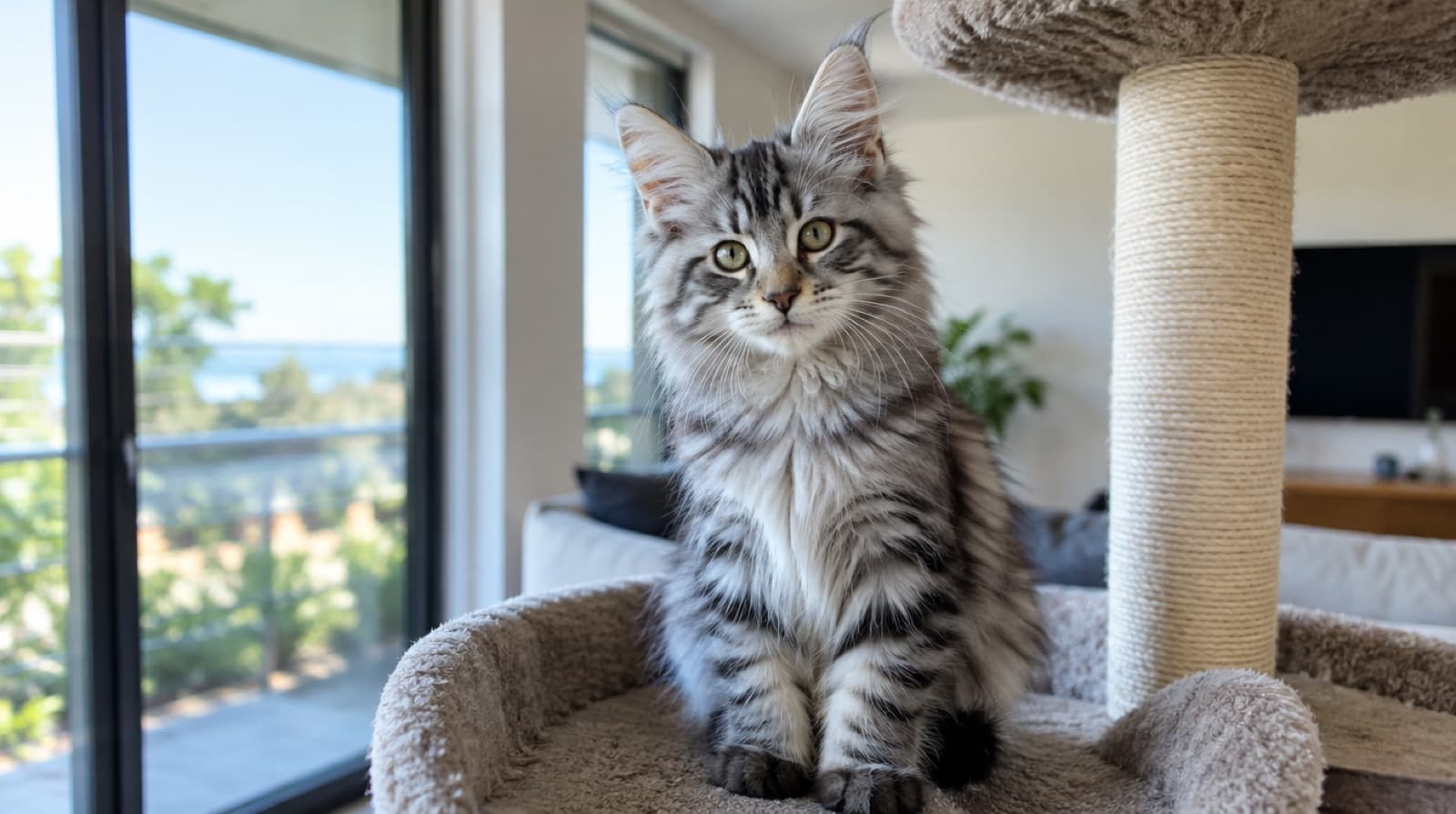 A fluffy silver tabby Maine Coon kitten perched on a cat tree in a bright Australian home, showing its tufted ears and long shaggy coat