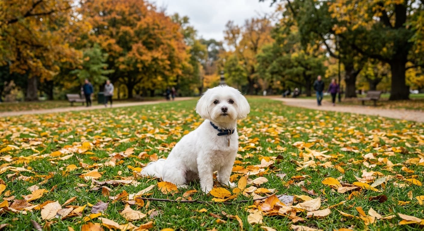 A small white Maltese sitting on the lawn of a leafy Melbourne park on a cool autumn day, representing the Maltese and Maltese crosses that come up for adoption through Melbourne rescues