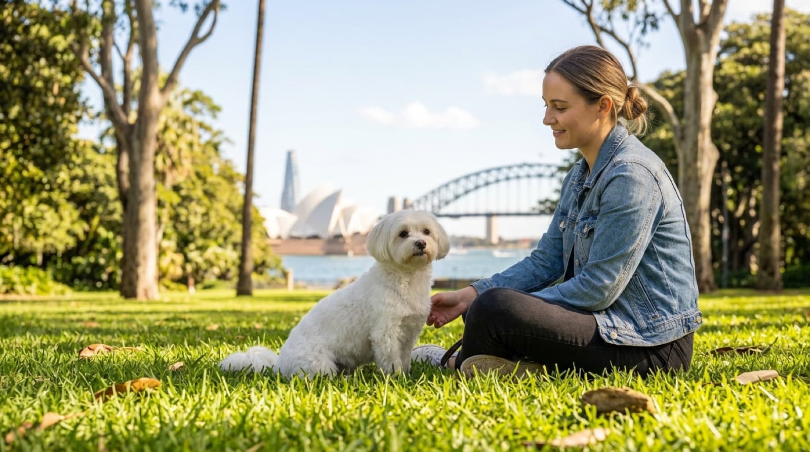 A gentle white Maltese with a neat coat sitting calmly beside its owner on a sunny Sydney park lawn, representing the many small companion dogs available for adoption in NSW