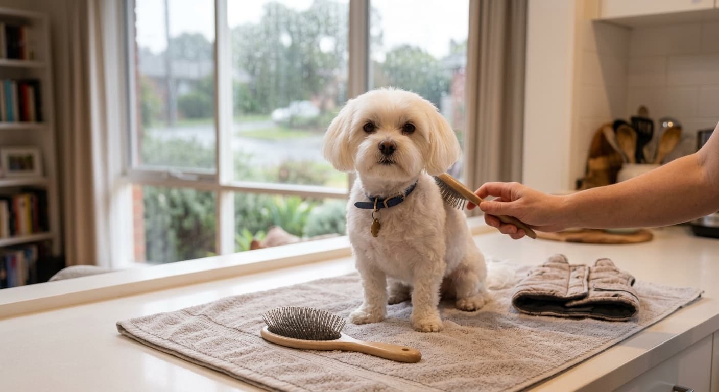 A white Maltese in a neat short clip being gently brushed on a towel by a rainy window at home, with a pin brush and a folded dog coat beside it, illustrating Maltese coat care through a wet Melbourne winter