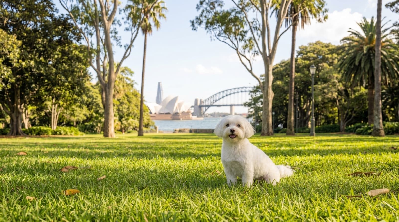 A freshly groomed white Maltese with a neat, clean coat and tidy face sitting on a Sydney park lawn, illustrating a well-maintained short clip