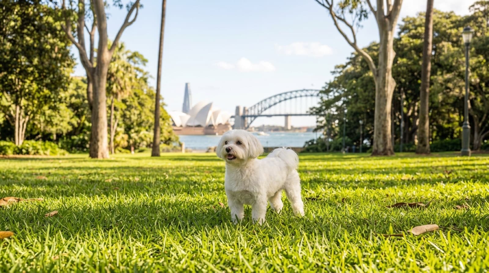 A healthy white Maltese with a clean face and neat coat sitting on a Sydney park lawn on a bright day, illustrating the dental, coat and eye care the breed needs