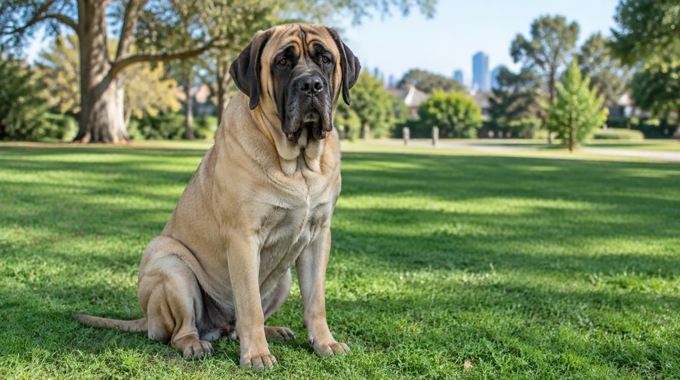 A large fawn Mastiff with a black mask sitting on the grass in a Melbourne park, representing the rescue Mastiffs available for adoption across Victoria