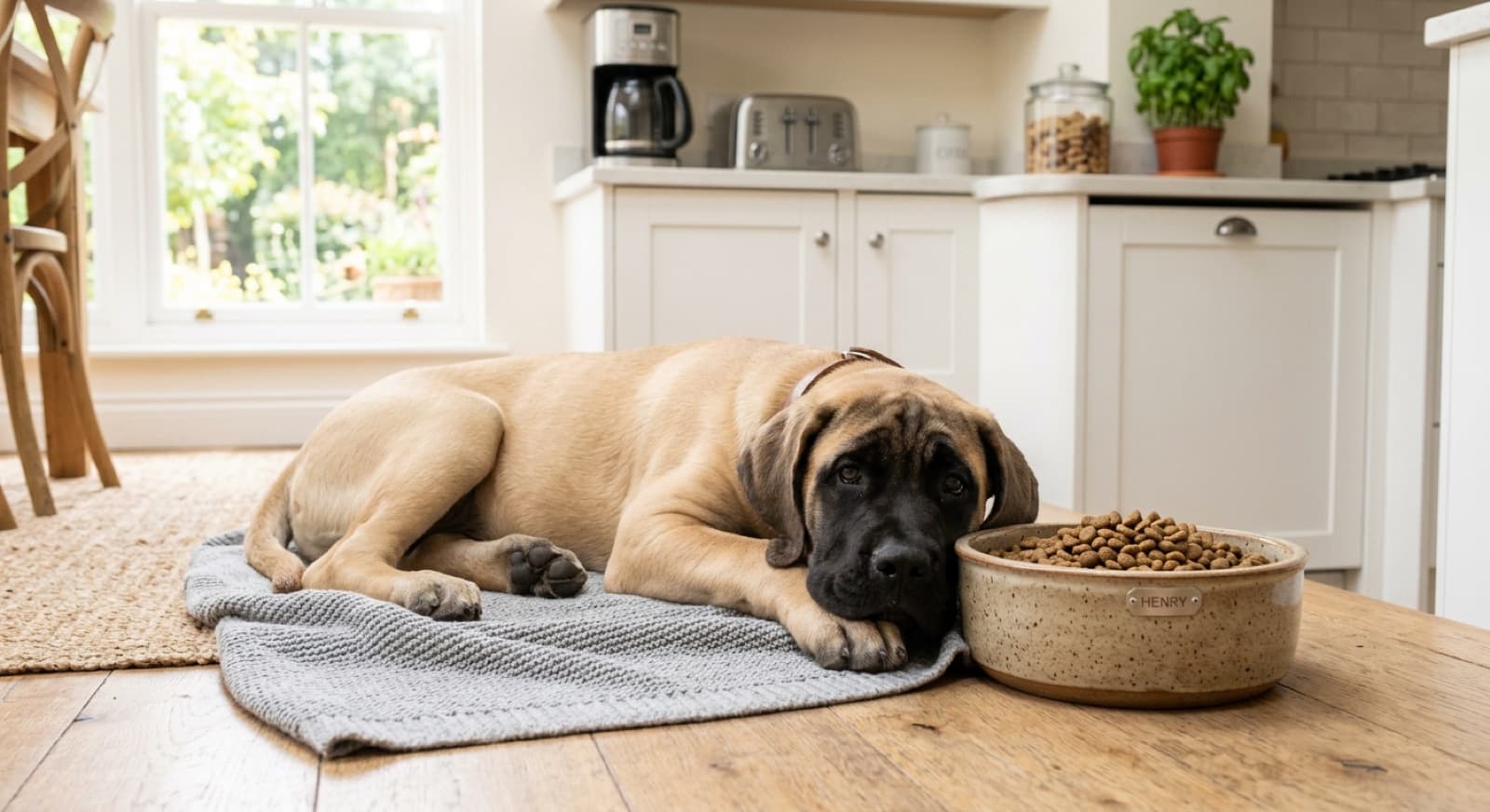 A calm fawn Mastiff with a dark mask resting on a blanket beside its food bowl at home, representing the gentle giant guardian dogs available for adoption across Perth and WA rescue
