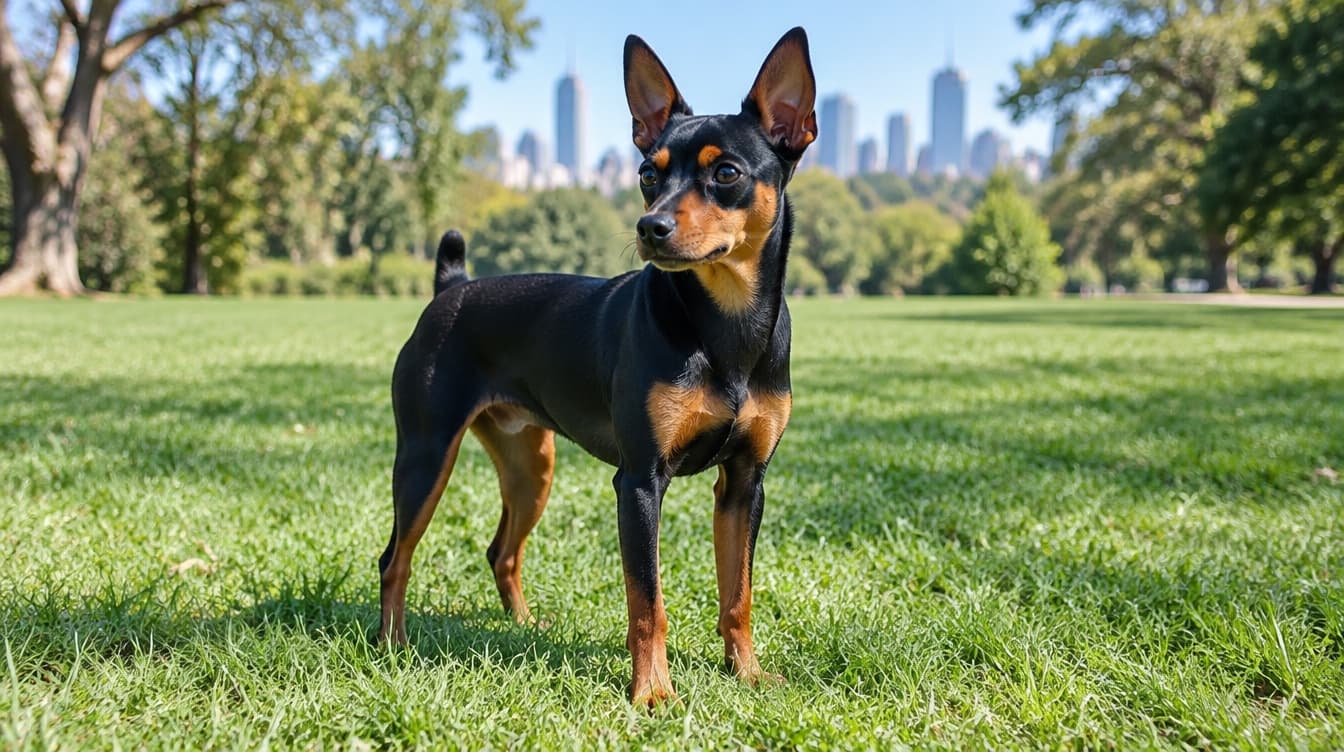A small black and tan Miniature Pinscher standing alert on the grass in an Adelaide park, representing the rescue Min Pins available for adoption across South Australia
