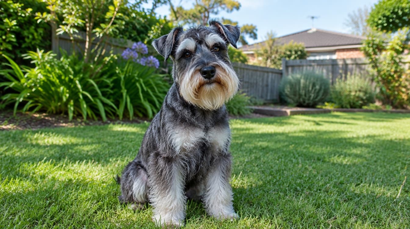 A salt-and-pepper Miniature Schnauzer with a bearded face sitting on the grass in an Adelaide park, representing the rescue Schnauzers available for adoption across South Australia