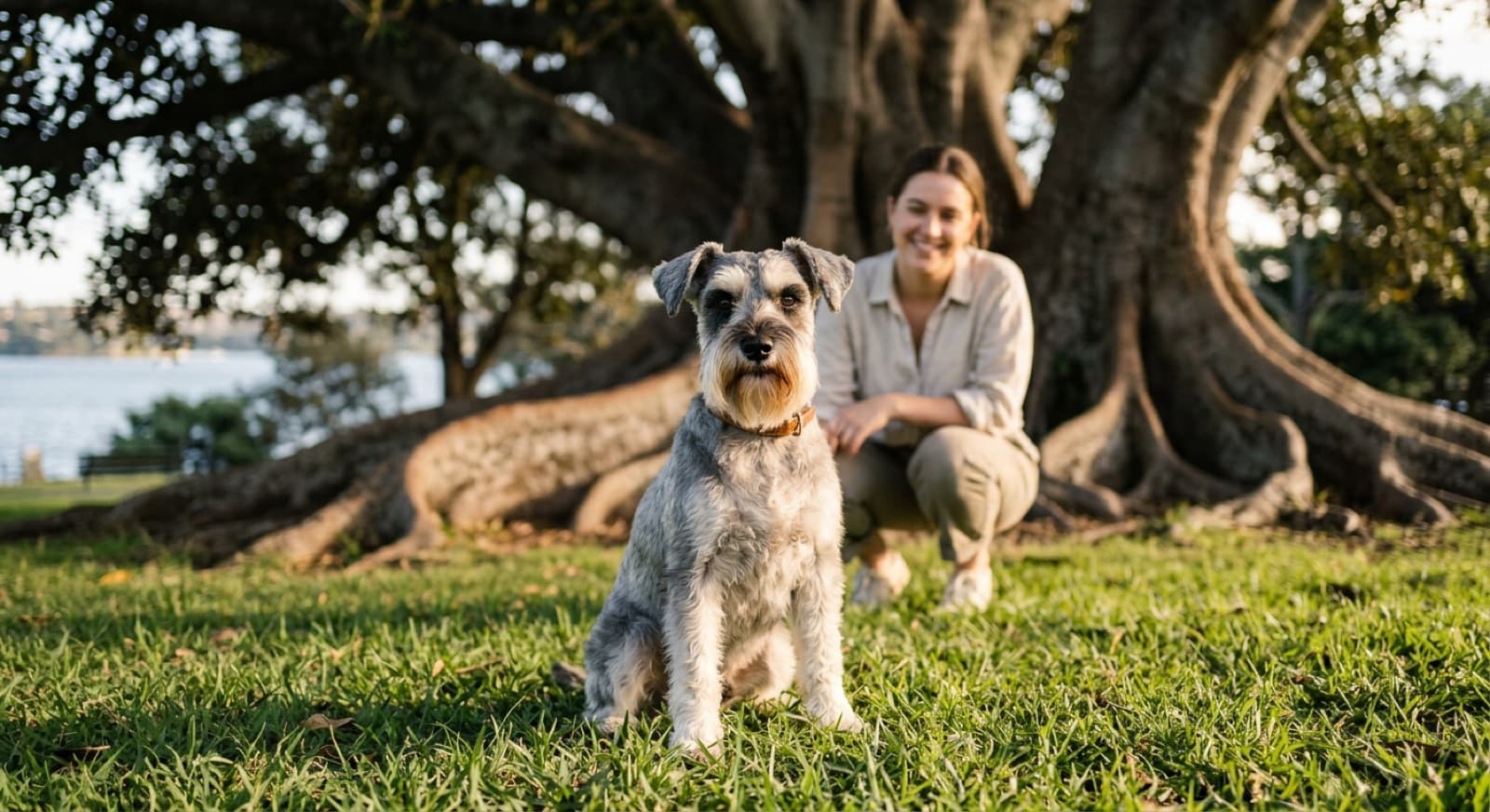 A salt-and-pepper Miniature Schnauzer with a bushy beard and eyebrows standing alert on the grass in a sunny Sydney park, representing the bright, bearded terrier-type purebred that turns up for adoption across Sydney and NSW rescues