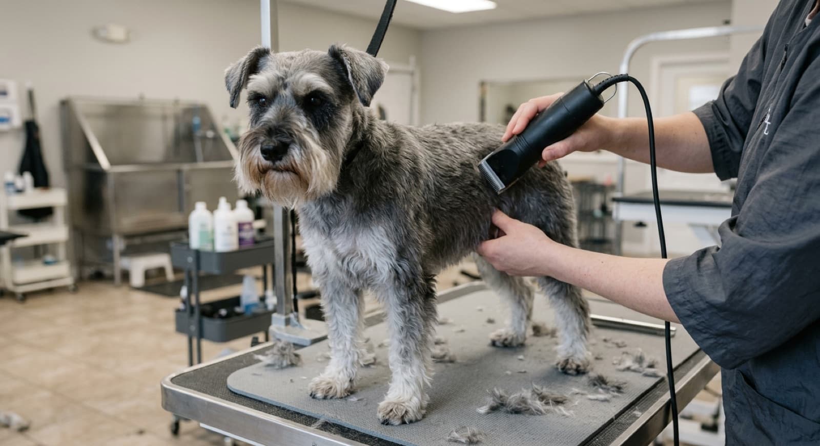 A salt-and-pepper Miniature Schnauzer being groomed, its signature beard, bushy eyebrows and leg furnishings combed out, showing the distinctive wiry Schnauzer coat
