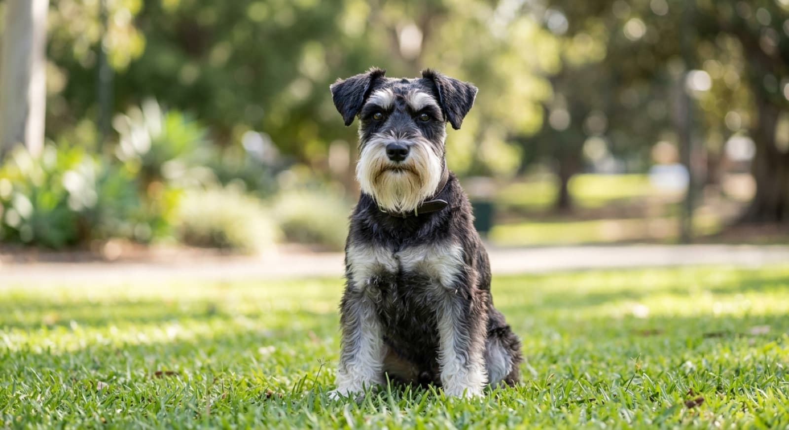 A salt-and-pepper Miniature Schnauzer with a bearded muzzle and bushy eyebrows standing alert on grass in a Sydney park, a small breed whose health hinges on a low-fat diet