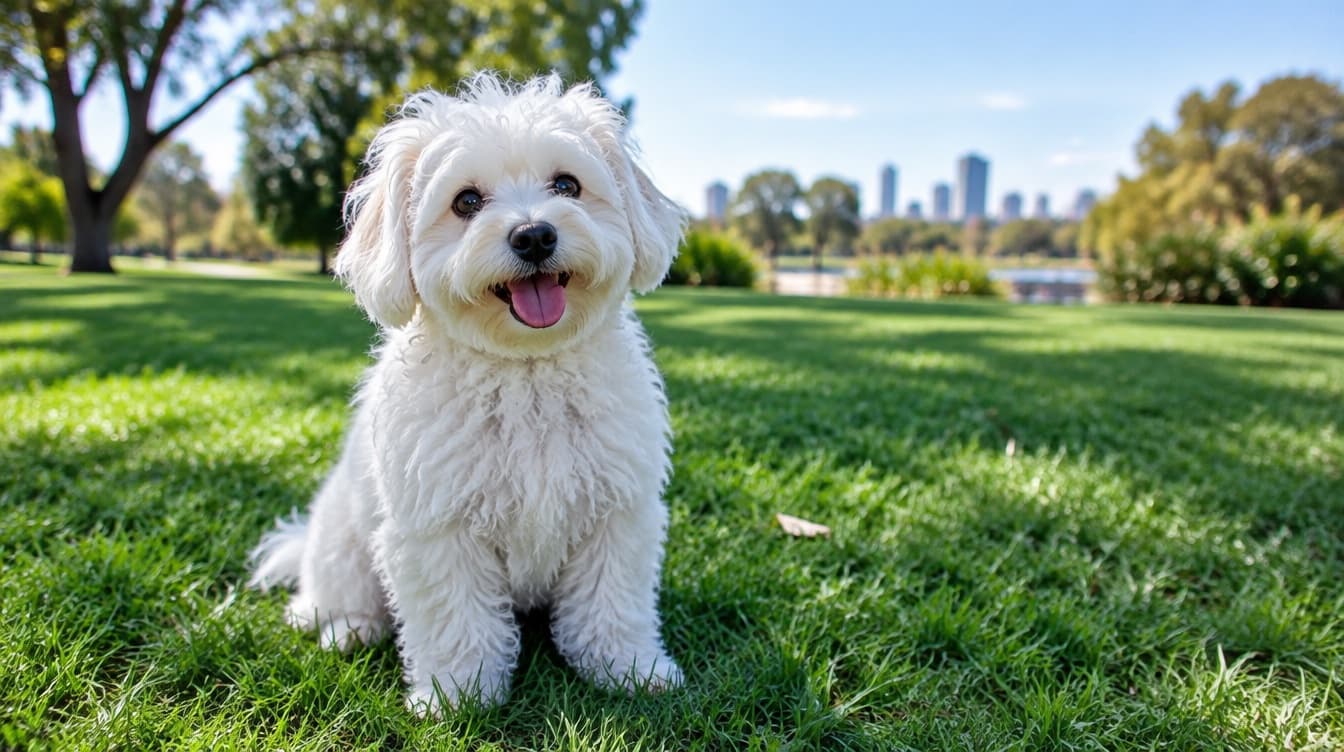 A small white fluffy Moodle, a Maltese Poodle cross, sitting on the grass in an Adelaide park, representing the rescue Moodles available for adoption across South Australia