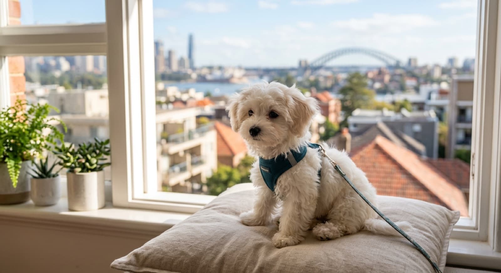 A small white and apricot Moodle with a soft wavy coat sitting on a couch in a bright Sydney apartment, looking up affectionately, representing the tiny Maltese and Poodle crossbreeds that turn up for adoption across Sydney and NSW rescues