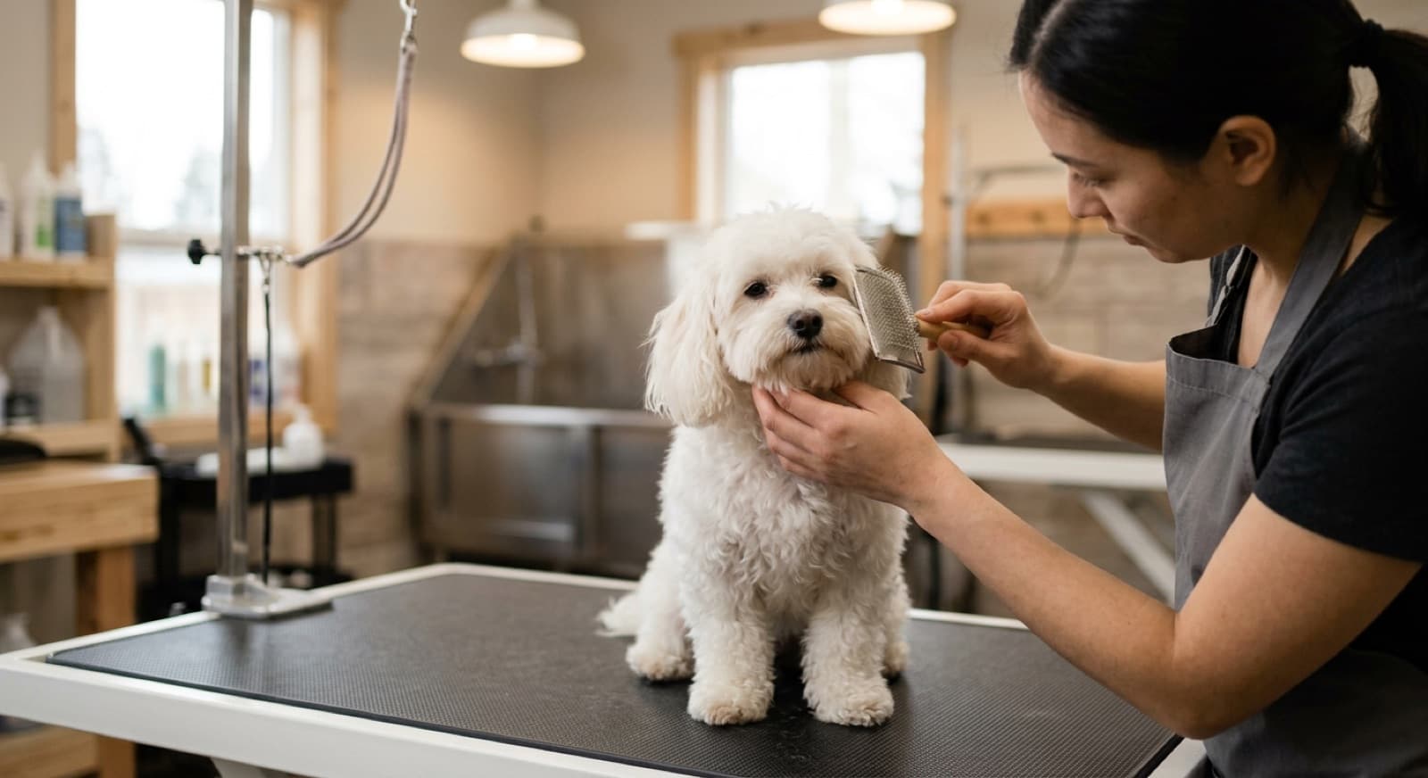 A tiny white curly-coated Moodle being gently brushed on a grooming table, the soft coat combed out and the face and eye area clean, showing the regular grooming a small doodle needs