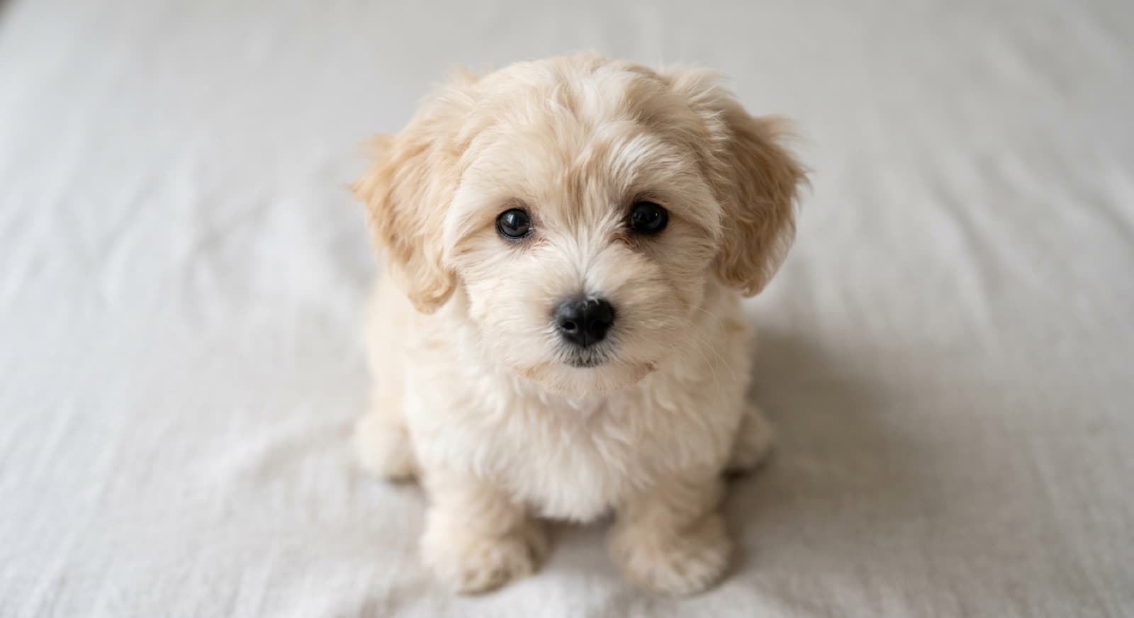 A small white curly-coated Moodle, a Maltese and Poodle cross, sitting on grass in a sunny Sydney park, a toy dog for which daily dental care and a harness are the keys to a long, comfortable life