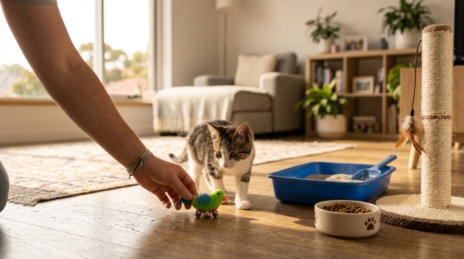 A small rescue kitten peering out from a cosy bed in a sunlit Melbourne living room, settling into its new home during the first week