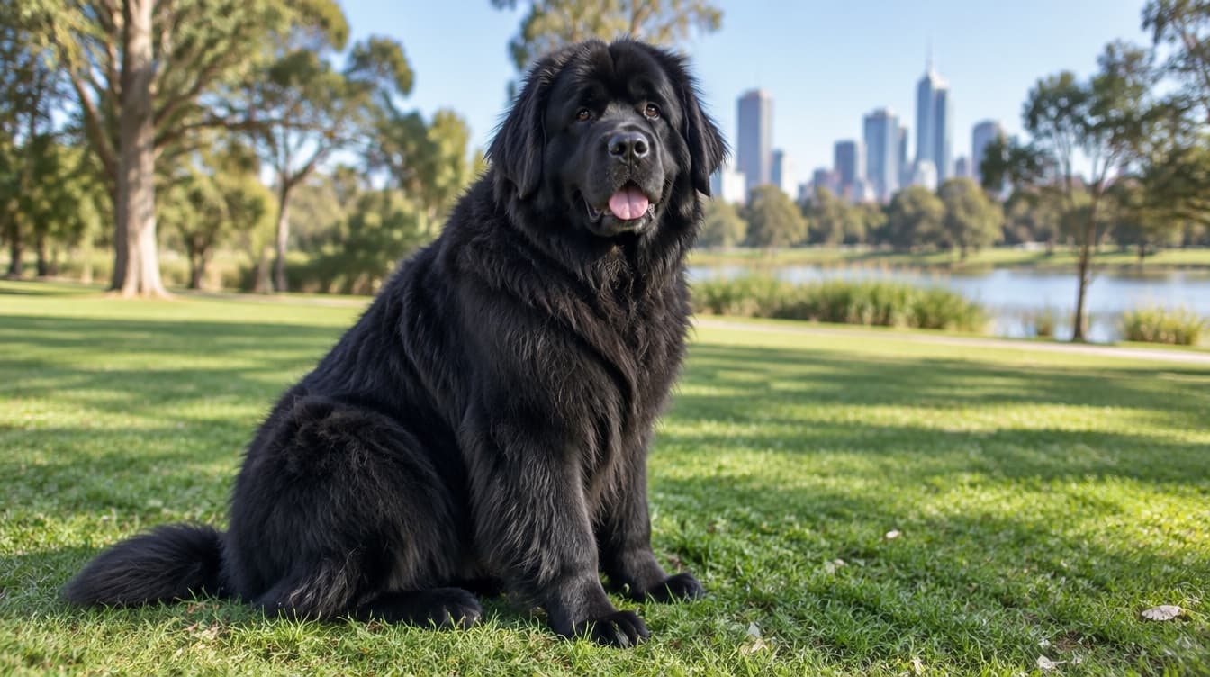 A large black Newfoundland with a thick coat sitting calmly on grass in a shaded Brisbane park, representing the gentle giant dogs occasionally available for adoption across Brisbane and Queensland rescues