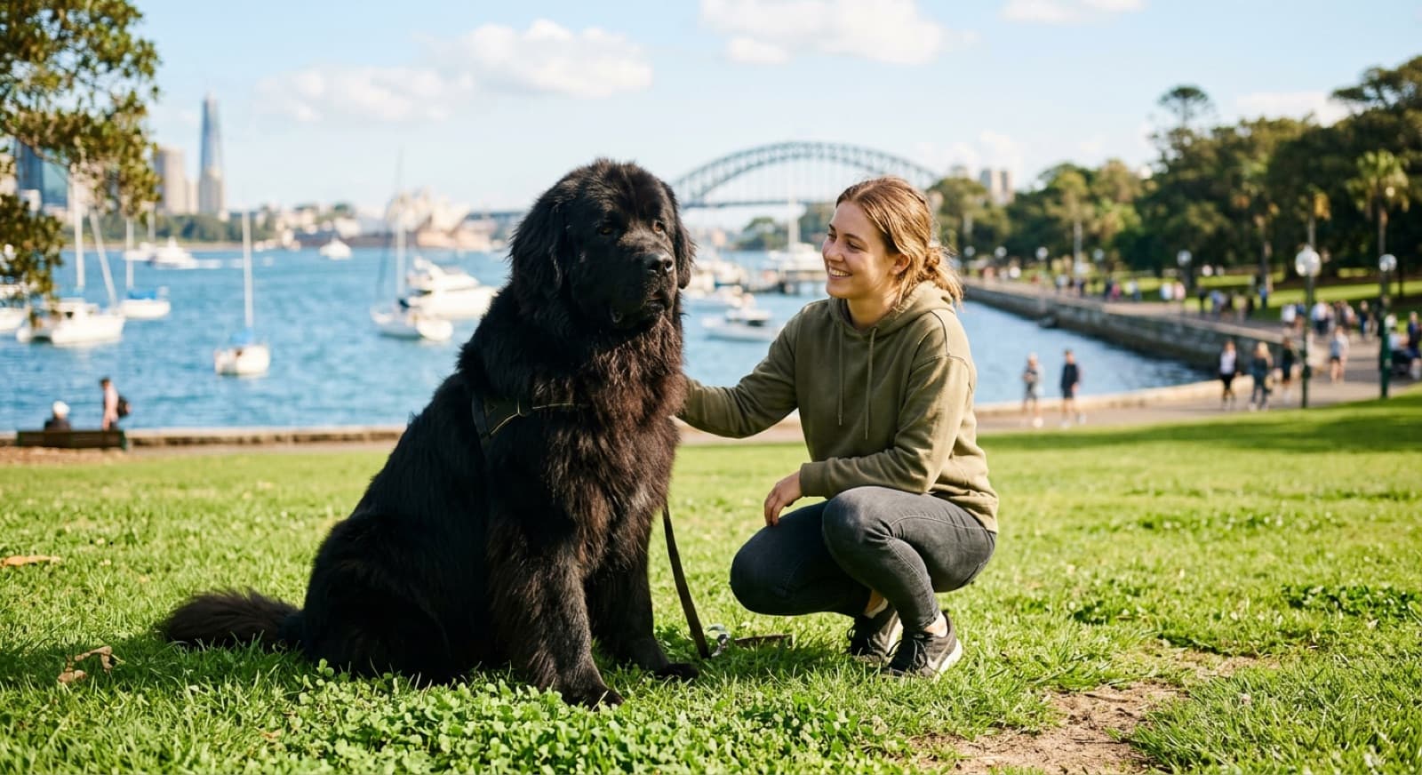 A large black Newfoundland with a thick water-resistant double coat lying calmly on the grass beside a lake in a Sydney park, representing the gentle giant water dog that turns up for adoption across Sydney and NSW rescues