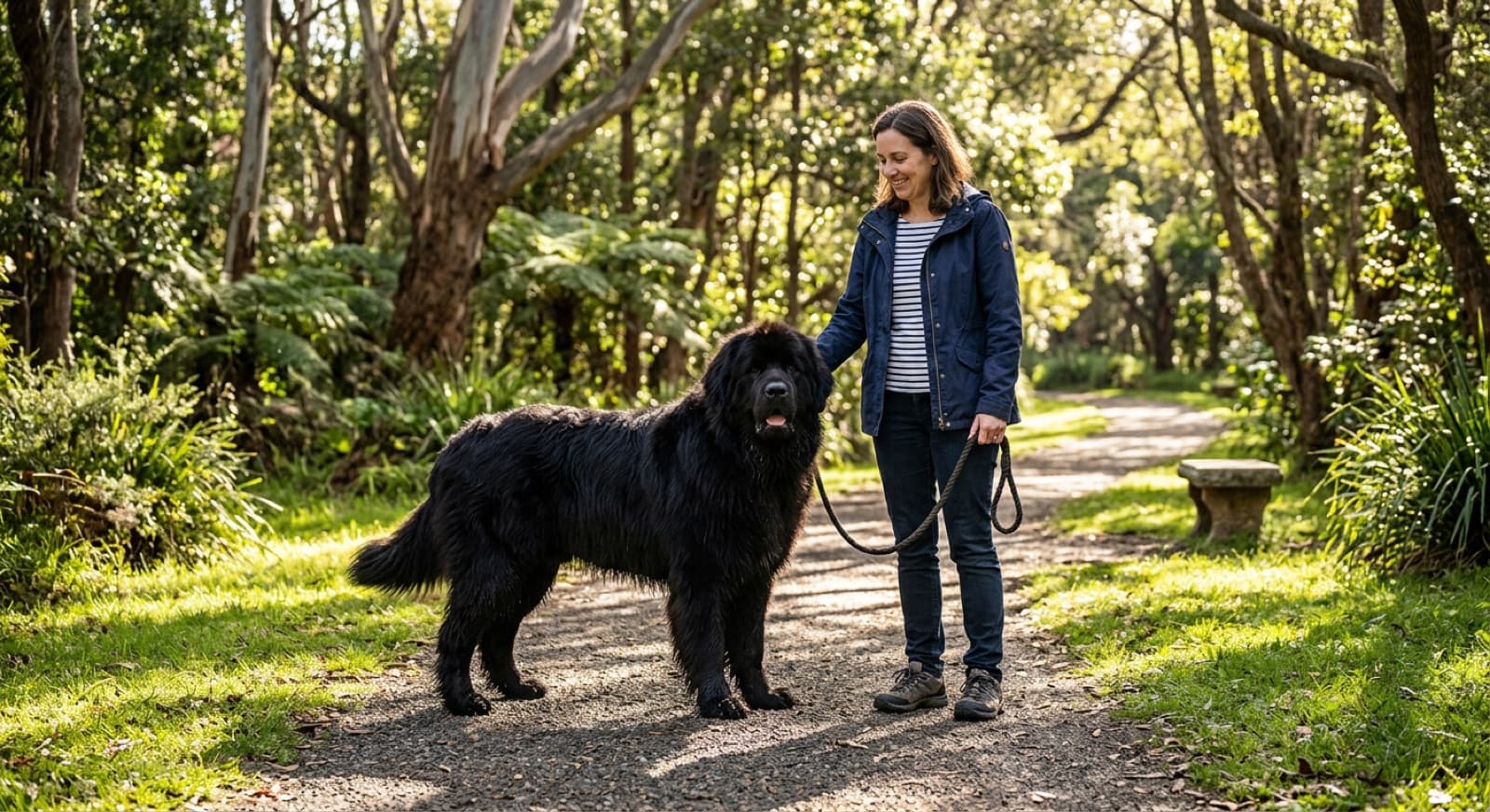 A large black Newfoundland dog resting calmly in the shade beside its owner on a warm Sydney day, showing the heavy double coat and gentle giant build of the breed
