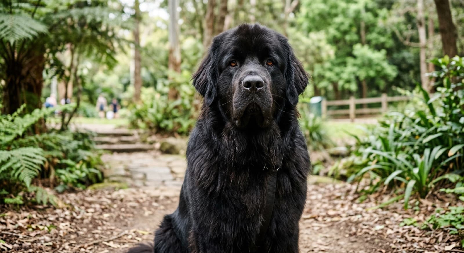 A large black Newfoundland resting in the shade of a Sydney park, a giant water-rescue breed whose health hinges on watching the heart and managing the heat