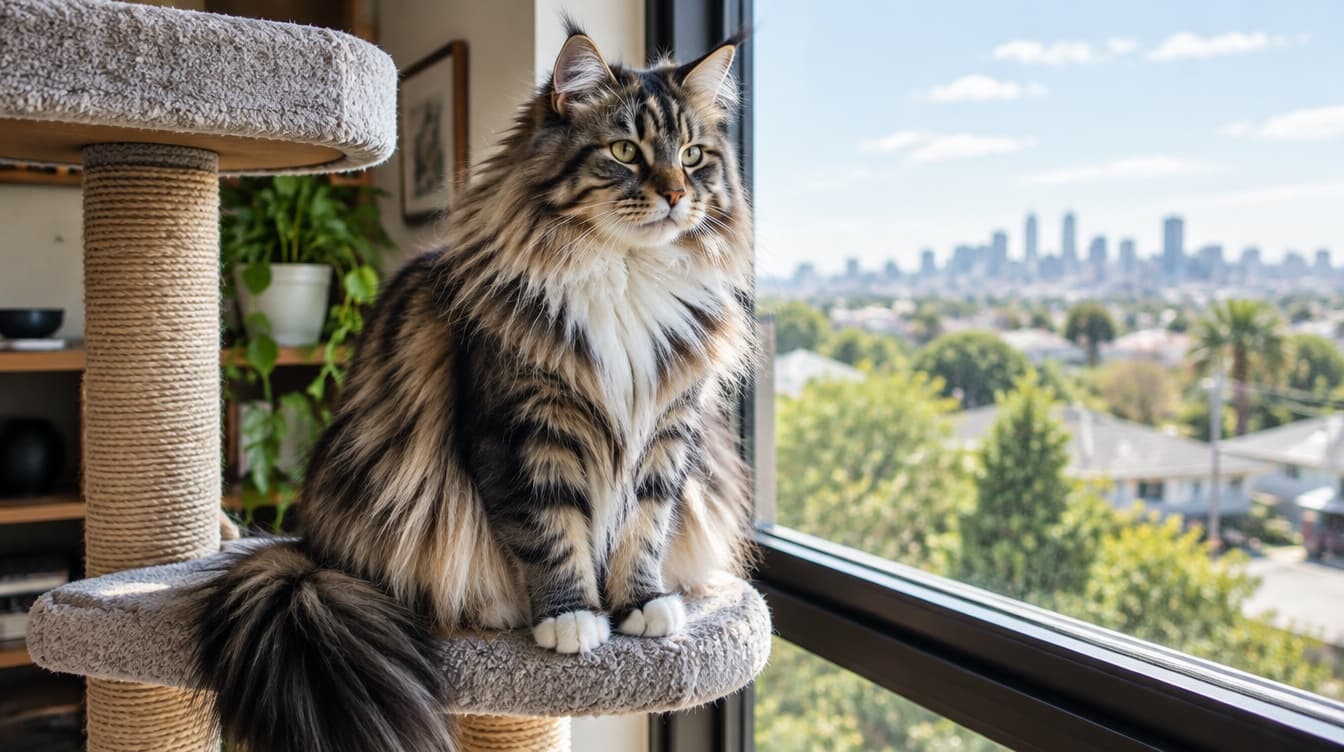 A large long-haired Norwegian Forest Cat with a thick coat and tufted ears on a cat tree in a Perth home, representing the long-haired cats available through Western Australian rescues