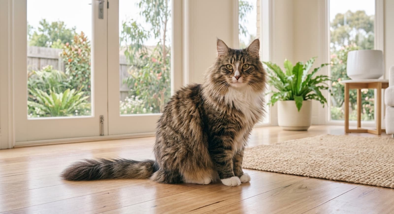 A large, sturdy Norwegian Forest Cat with a thick double coat, full neck ruff, tufted ears and a long bushy tail sitting calmly in a Sydney home, representing the Wegies and fluffy longhair crosses that occasionally come up for adoption in NSW rescues