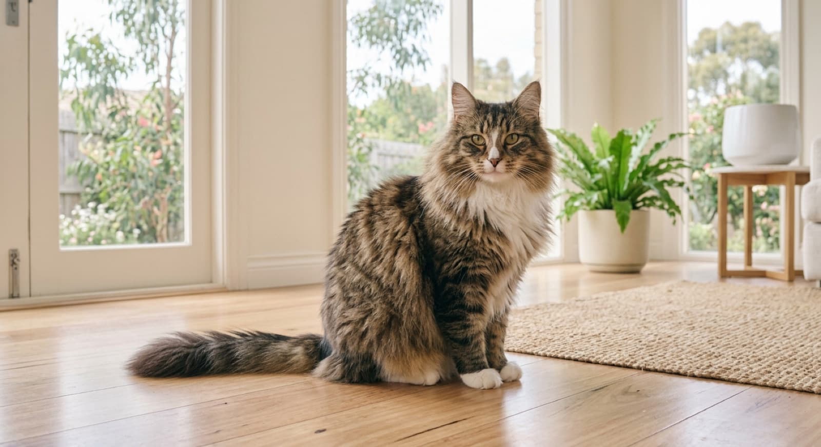 A large, healthy Norwegian Forest Cat with a thick double coat sitting alertly in a bright Sydney home, illustrating the good condition a well-managed Wegie stays in with regular vet care and a lean weight