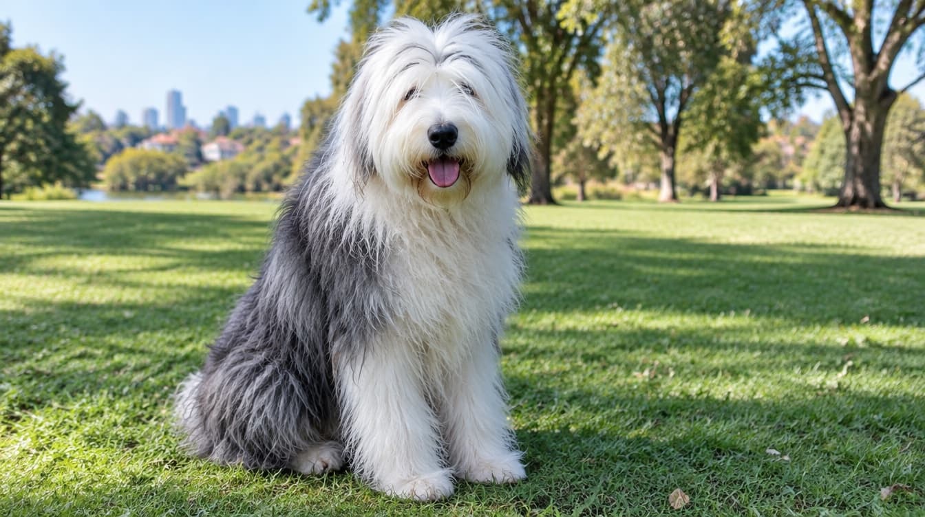 A large shaggy grey and white Old English Sheepdog standing on grass in a sunny Perth park, representing the good-natured herding dogs occasionally available for adoption across Perth and Western Australia rescues
