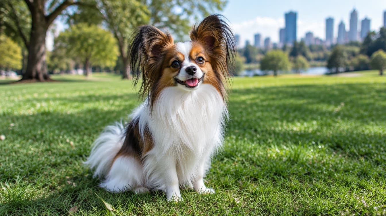 A small white and brown Papillon with large butterfly ears sitting on the grass in an Adelaide park, representing the rescue Papillons available for adoption across South Australia