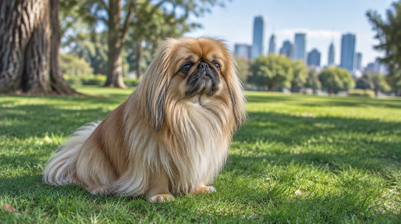 A small long-coated Pekingese with a flat face sitting calmly in a sunny Gold Coast setting, representing the dignified companion dogs occasionally available for adoption across the Gold Coast and Queensland rescues