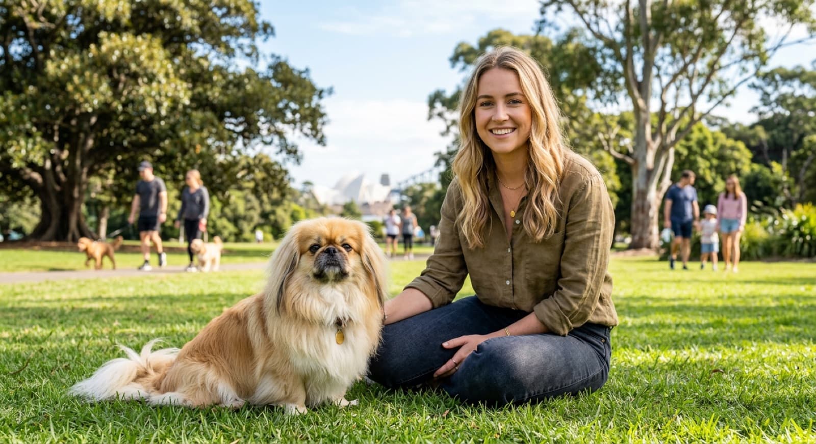 A small fawn-coloured Pekingese with a flat face and a long flowing double coat sitting calmly on the grass in a shady Sydney park, representing the dignified imperial companion purebred that turns up for adoption across Sydney and NSW rescues