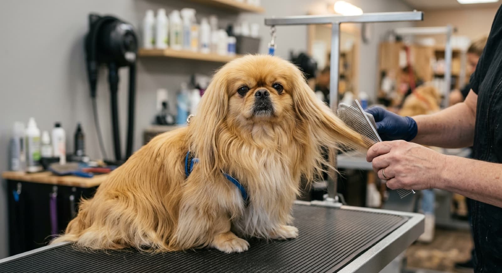 A long-coated Pekingese resting in the shade on grass in a Sydney park on a warm day, showing the profuse double coat and the flat face with large prominent eyes