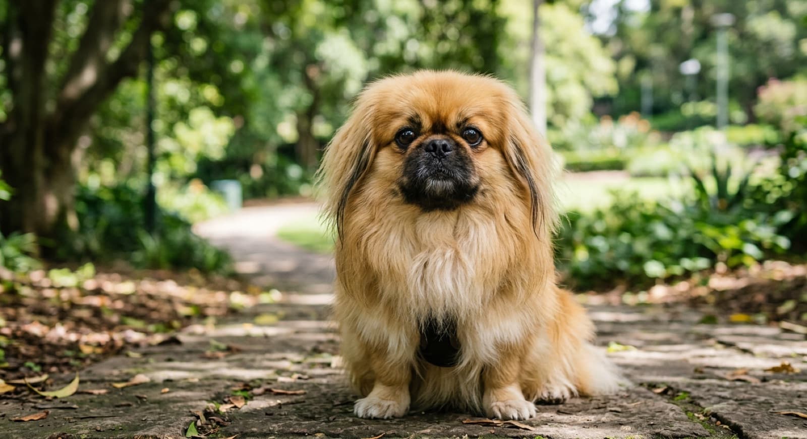 A long-coated Pekingese with a flat face and large round eyes resting in the shade in a Sydney park, a brachycephalic breed whose health hinges on breathing, heat and eye care