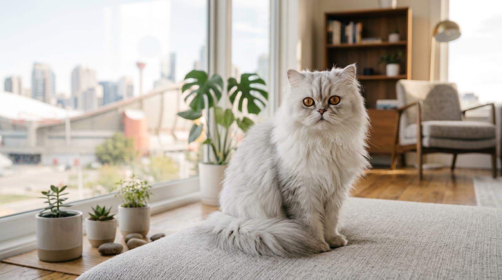 A fluffy long-haired Persian cat resting calmly in a cool Brisbane home, representing the Persians and Persian crosses that occasionally come up for adoption through Queensland rescues