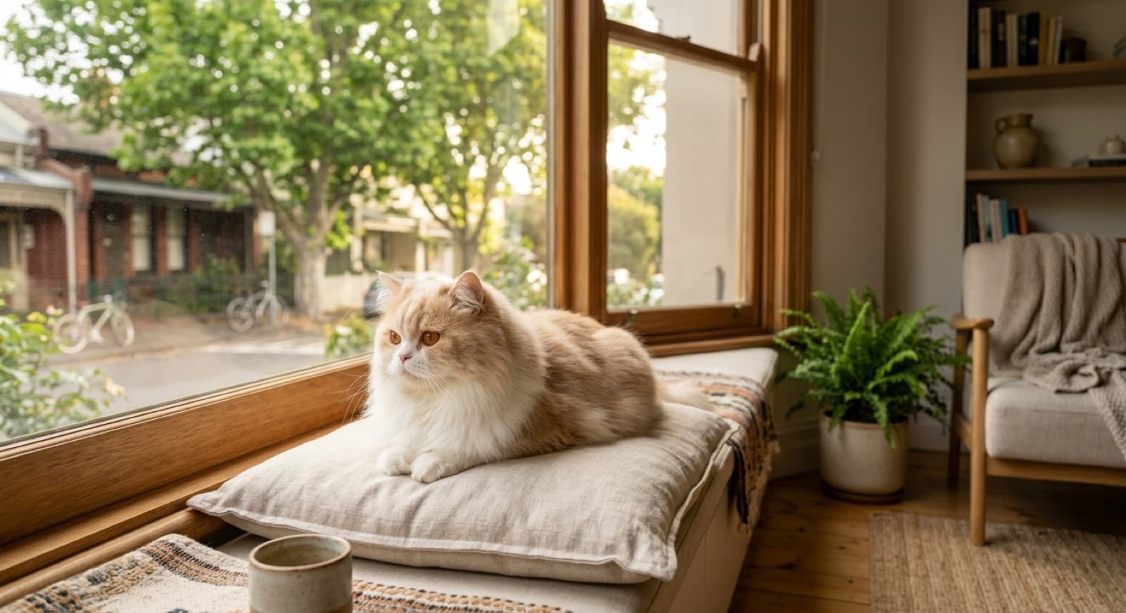 A long-haired Persian cat resting on a window seat in a Melbourne home, representing the Persian-type and long-haired cats that occasionally come up for adoption through Victorian rescues