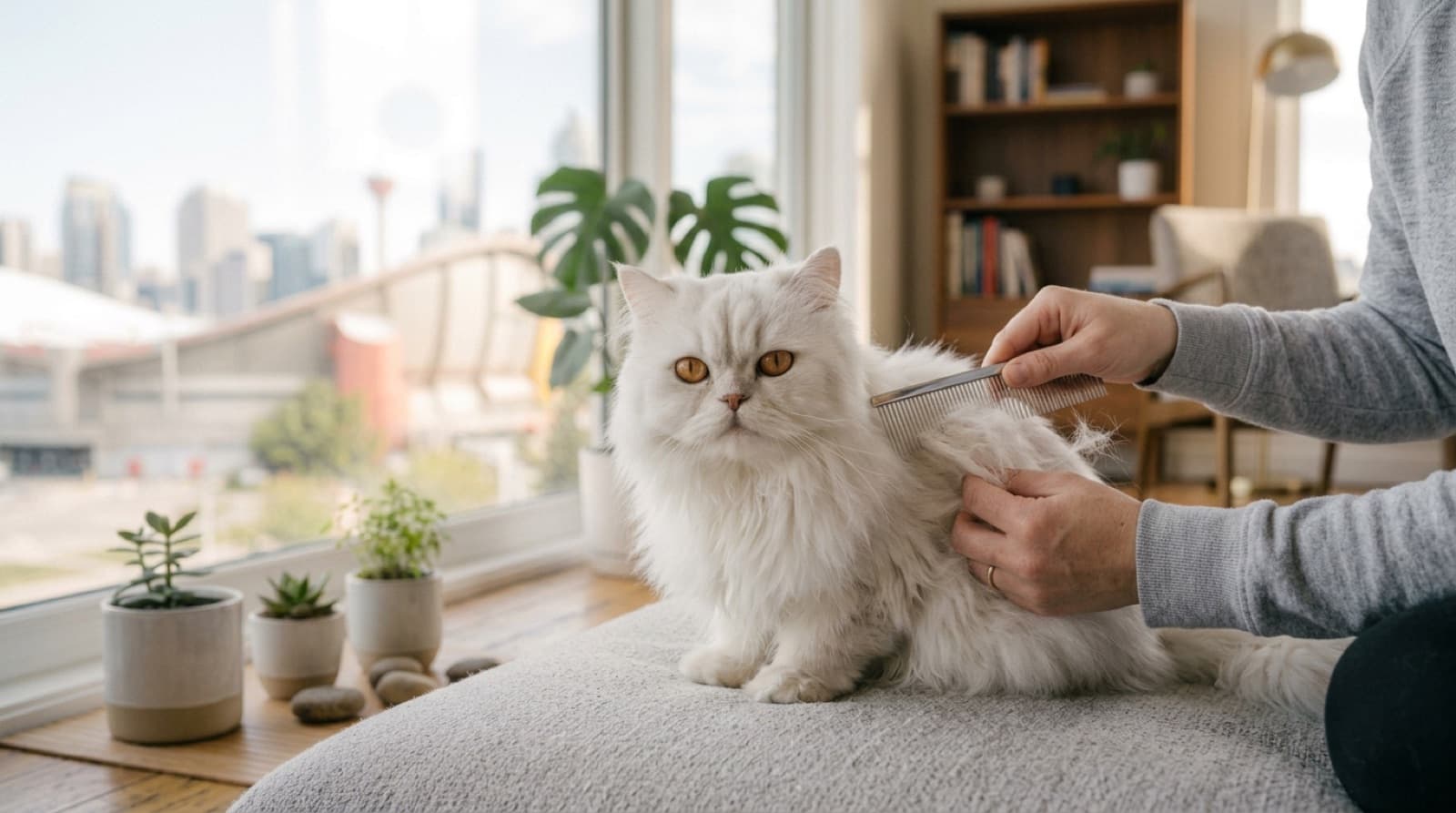 A long-haired Persian cat being gently combed with a steel comb on a lap indoors, showing the dense coat that needs daily grooming to prevent matting