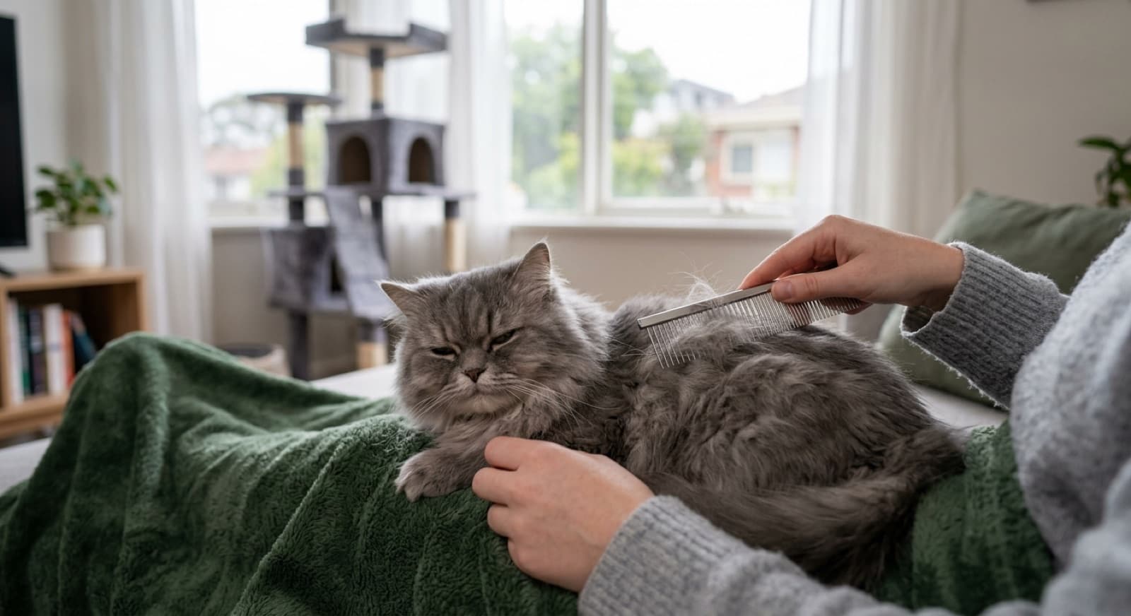 A long-haired Persian cat being gently combed with a steel comb on a lap in a Melbourne living room, showing the dense coat that needs daily grooming to prevent matting