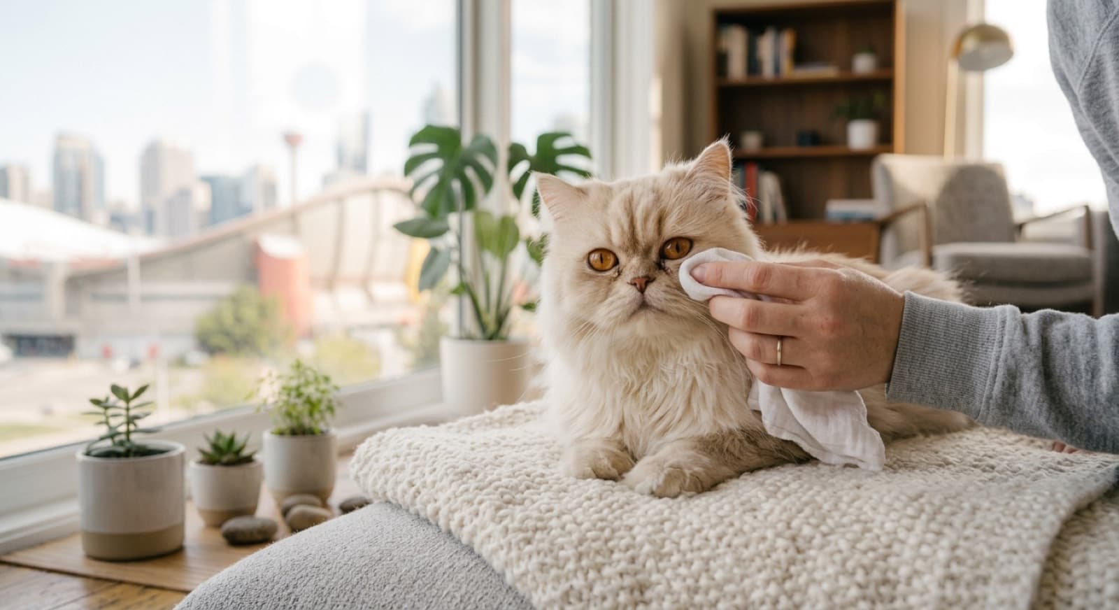 A long-haired Persian cat with a flat face and round eyes resting indoors in a cool Gold Coast home, the brachycephalic breed that needs daily eye care, grooming and protection from summer heat