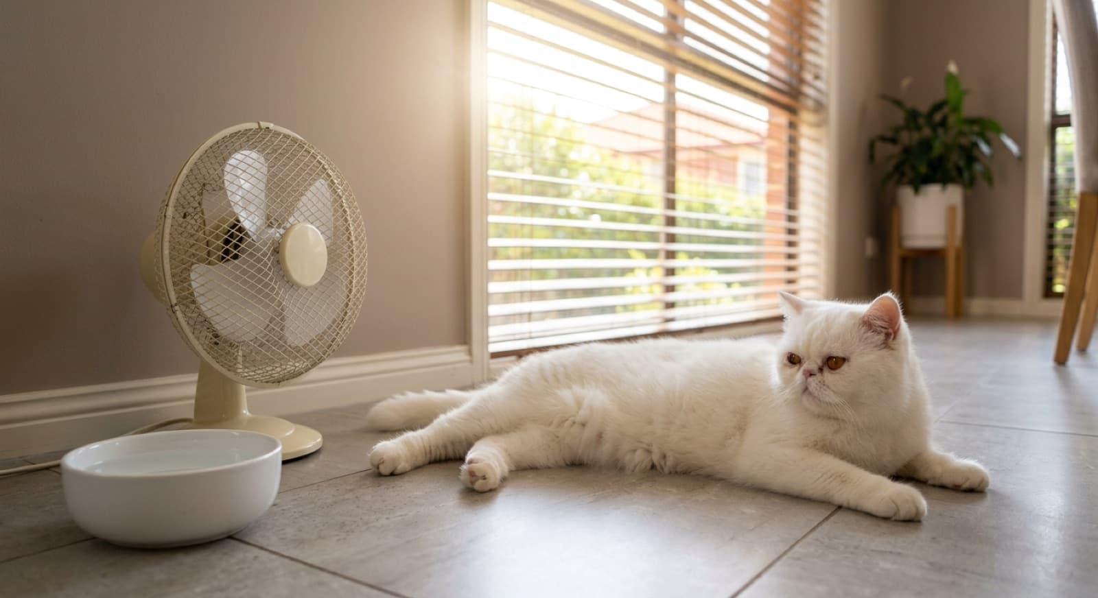 A flat-faced Persian cat with round copper eyes resting on a cool tiled floor indoors in a Melbourne home on a summer day, the brachycephalic breed that needs protection from heat and daily eye care