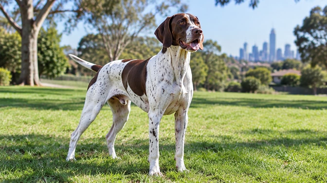 An athletic English Pointer standing on the grass in a Melbourne park, representing the rescue Pointers available for adoption across Victoria
