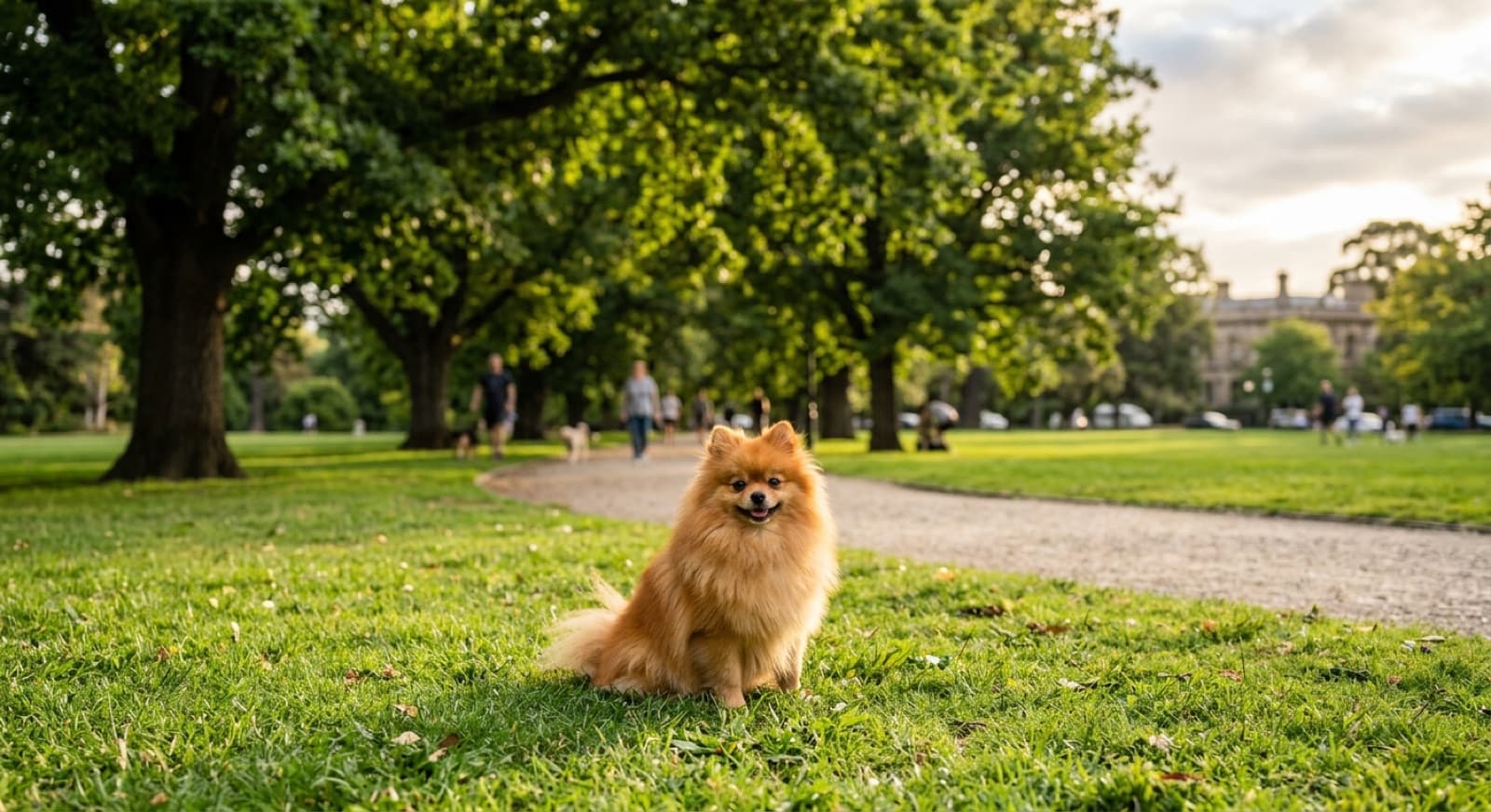 A fluffy orange Pomeranian sitting on the grass in an Adelaide park, representing the rescue Pomeranians available for adoption across South Australia