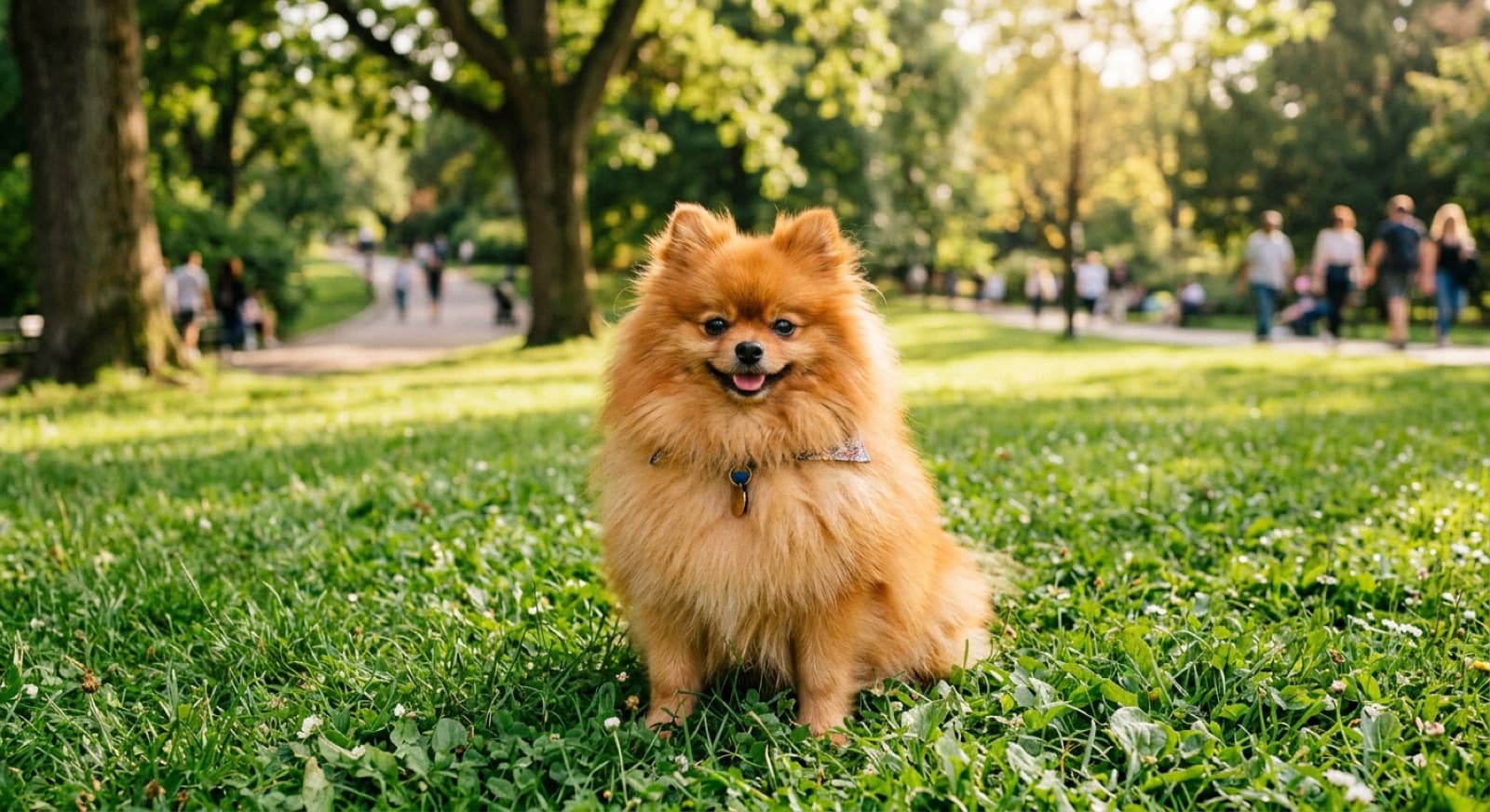 A small fluffy orange Pomeranian with a foxy face sitting on green grass in a sunny Brisbane park, representing the toy-breed dogs available for adoption across Queensland rescues